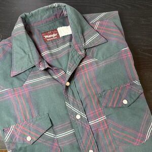Vintage Wrangler Pearl Snap Western Shirt Mens XLT Red Green Plaid Rodeo Cowboy